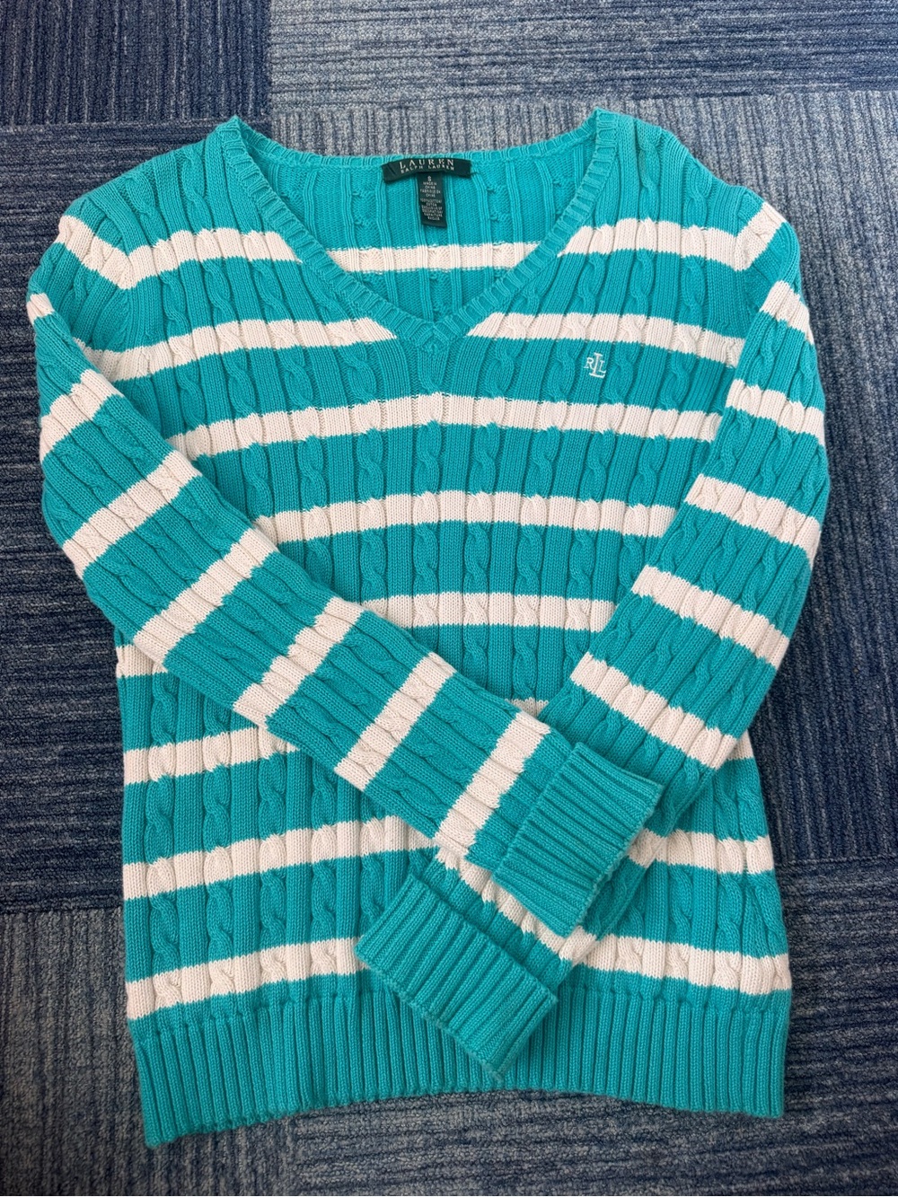 Ralph Lauren Teal & White Striped Cable-Knit V-Neck Sweater